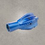 Side view of blue PDC pull reamer bit with cutting blades for horizontal directional drilling.